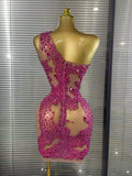 Shining Rosered Crystal Women Sexy One Shoulder Mesh See Through Bodycon Mini Dress Bar Singer Celebrate Performance Costumes