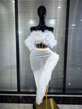 Mint White Color Women Mesh Ruffles Laced-up 2 Pieces Sequins Bodycon Long Dress Nightclub Bar Singer Party Performance Costumes