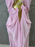 Sexy Halter Neck Maxi Dress Crystal Chain Cutout Ruched Women Sheer Mesh Form Outfit Glamorous Evening Gala Party Costume