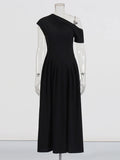 Solid Slimming Temperament Dresses for Women Diagonal Neck Short Sleeves Patchwork Ruffles Fold Dress Female New