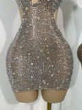 Sparkly Silver Rhinestones Mini Dress Luxury Women Sexy Mesh Hollow Out Celebrity Birthday Cocktail Dresses Performance Wear