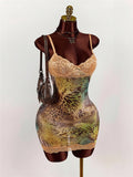 Lace Patchwork Print  Dress Women Sexy Trend Low-Neck See Through  Beach Vacation Party Clubwear Peach Hip Bodycon