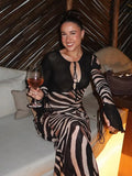 Women Zebra Stripe Long Dress Fashion Elegant Lace Up Full Sleeve Slim-fit Robes 2025 New Evening Party Fashion Lady Vestidos