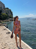 Women Orange Sequin Mini Dress Starfish Fish Applique Sheer Backless Halter Mesh Short Dress Lady Beach Party Vacation Vestidos