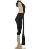 Patchwork Halter Romper Women Ribbon Sleeveless Elastic Backless Workout Activewear Midnight Activity Slim Playsuits