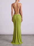 Fashion Halter Cowl Neck Cutout Floor Length Mermaid Dress for Women Backless Thin Strap Draped Ruched Bodycon for Party