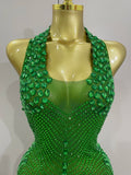 Sexy Sparkly Rhinestones Halter Backless Mesh Velour Short Dress Women Evening Prom Celebrate Birthday Party Stage Wear