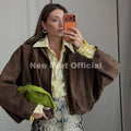 Fashion Olive Green Suede Bomber Jacket Coat Women High Street Girls Cropped Jackets Biker Outerwears