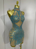 Sparkly Rhinestones Sexy Mesh See Through Mini Dress Party Evening Prom Celebrate Birthday Dress Singer Dancer Show Stage Wear