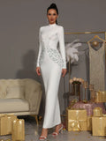 Elegant Women Diamond Celebrity Evening Bandage Maxi Dress White Long Sleeved Sexy Luxury Bodycon Cocktail Party Gown