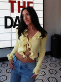 New Fungus Long Sleeve Knitted Cardigan Female Contrast Color Splice Short Top Lace Up Bodycon Sweater Cardigan Lady