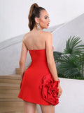 2026 Ladies 3D Flowers Strapless Tight Backless Design Celebrity Club Party Red Sleeveless Sexy Mini Bandage Dress