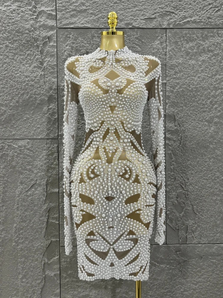 Shinning New High-end Elegant Evening Gown AB Rhinestones Pearls Luxury Long Sleeves Mesh Dress Women Cocktail party