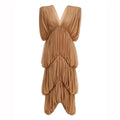 Sexy V Neck Tiered Folds Design Long Dress Women Sleeveless Multi-Layered Draped Temperament Dresses Evening Party Gowns