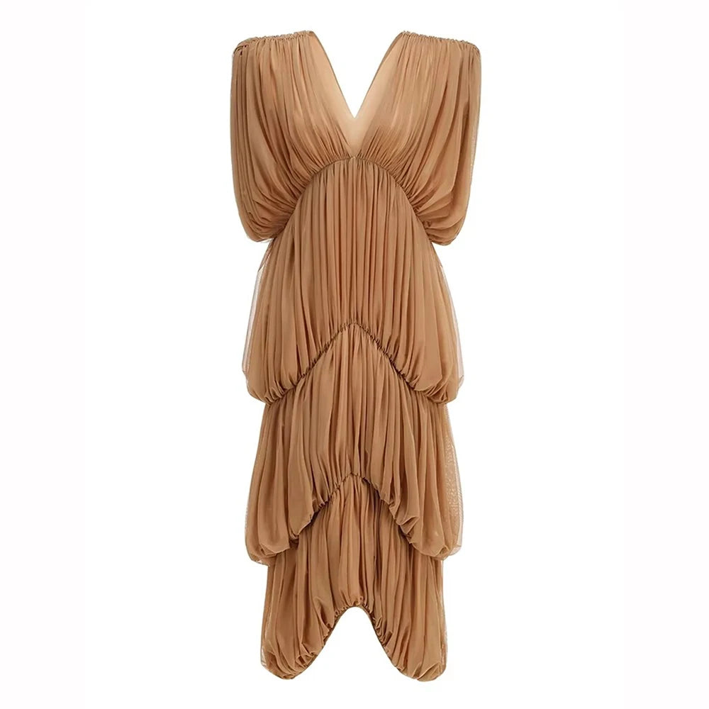 Sexy V Neck Tiered Folds Design Long Dress Women Sleeveless Multi-Layered Draped Temperament Dresses Evening Party Gowns
