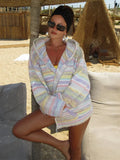 Women Rainbow Stripe Hooded Knit Cardigan Zip Front Drop Shoulder Side Pocket Loose Jacket Multicolor Textured Casual Daily Wear