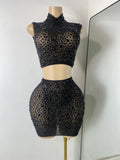 Sexy Sleeveless Crop Top Skirt Women's Sets Sparkly Luxury Diamonds See Through Mesh Stage Outfit Performance Singer Costume