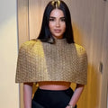 Women Gold Sparkle Capelet Top Elegant Shiny Tweed Shoulder Wrap Turtleneck Short Cloak 2026 Spring Lady Evening Party Outfit