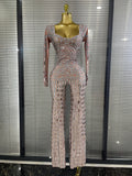 Sparkly Rhinestones Mirrors Women Long Sleeve High Stretch Bodycon Long Jumpsuit Bar Singer Performance Cotumes Stage Wear