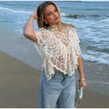 Sexy Cape Style Lace Perspective Top Women Half High Neck Short Sleeve Solid Irregular Pullover Lady Chic Casual Beach Top Cloth