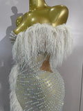 New Sparkly Rhinestone Off The Shoulder White Mesh See-Through Long Dress Sexy Eveing Party Birthday Nightclub Stage Costume