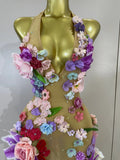 Sexy Halter Mesh See Through Long Dress Women Sparkly Diamonds 3D Flower Evening Party Birthday Photoshoot Nightclub Stage Wear