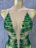 Luxurious Green Rhinestone Sheer Bodysuit Tassel Tail Ideal for Clubbing Festivals and Special Occasions Stage Performance