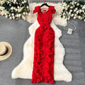 Women Ruffles Splicing V-neck Sleeveless Bodycon Midi Pleated Maxi Long Dress  Birthday Sexy Club Party Even Dresses