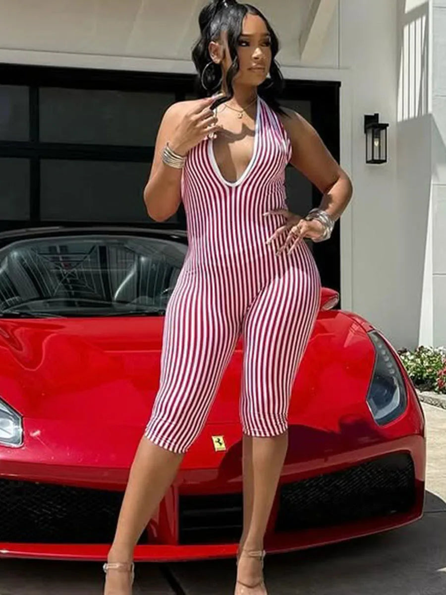 Stripe Print Playsuit Women Sleeveless Backless Halter Bandage Skinny Sexy Clubwear Activity Fitness Workout Romper