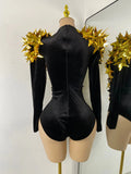 Women Sexy Sparkly Crystals 3D Sequined Stars Velvet Long Sleeve Bodysuit Nightclub Performance Dance Costume Singer Stage Wear