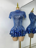 Sexy Women Short Sleeve Sparkly Sequins Stage Dress Luxury Evening Party Nightclub Performance Costume Stage Wear