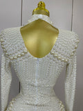 Luxury White Full Pearl Long Sleeved Stretch Bodysuit Women Birthday Evening Party Celebrate DJ Performance Nightclub Stage Wear