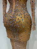 Luxury Rhinestones Mesh Bodycon Long Dress Celebrate Birthday Party Photo Shoot Long Sleeve Performance Costume Stage Outfit