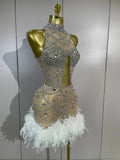 Luxury Nightclub Performance Dance Costume Nightclub Singer Stage Wear Women Sexy Shiny Crystal Feathers Hollow Out Mini Dress