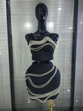 Black Red Color Women Sexy Strap Shining Sequins 2 Pieces Bodycon Mini Bandage Dress Nightclub Party Celebrate Cocktail Outfit