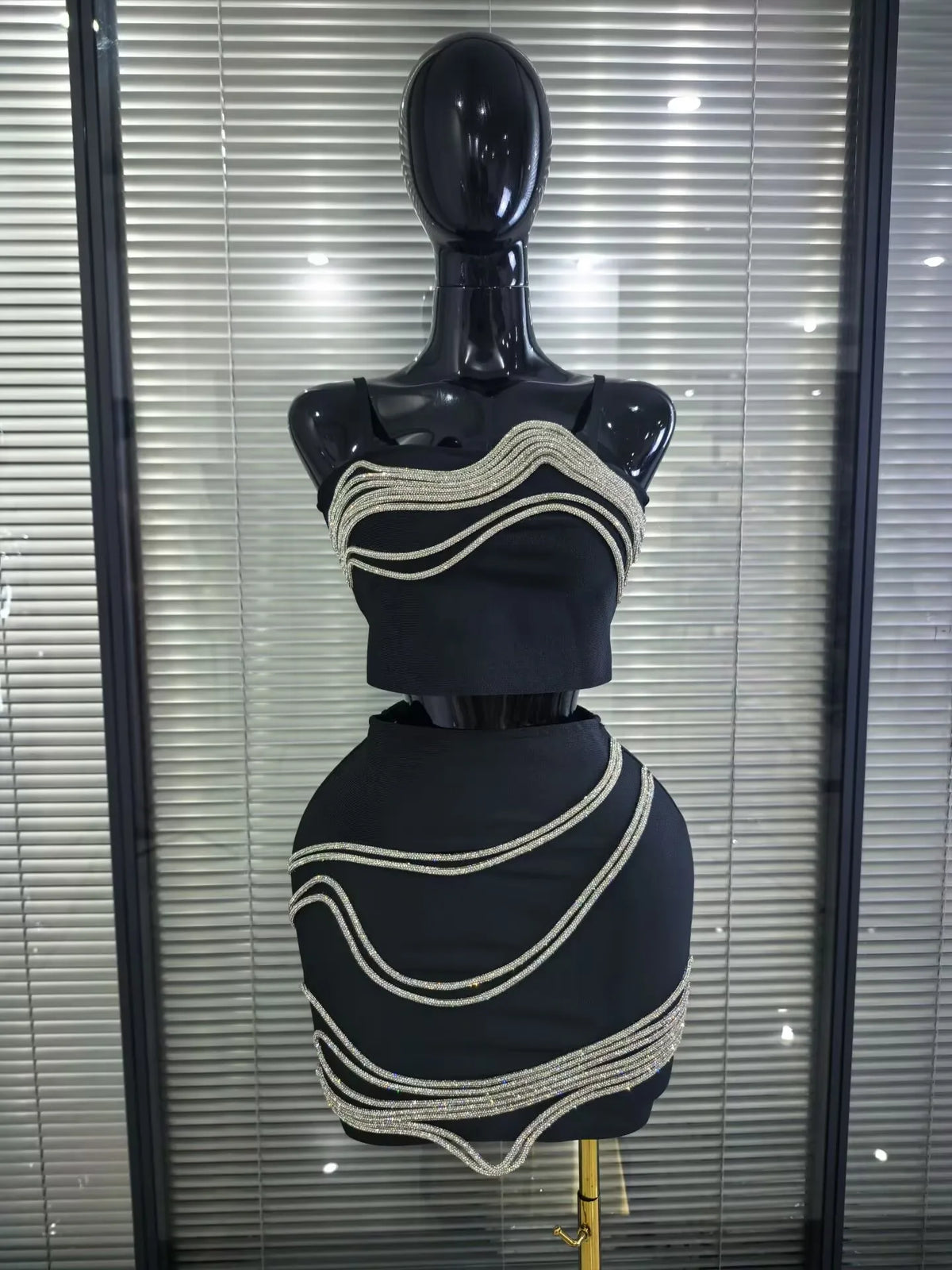 Black Red Color Women Sexy Strap Shining Sequins 2 Pieces Bodycon Mini Bandage Dress Nightclub Party Celebrate Cocktail Outfit