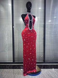 Red Black Women Sexy Halter Off the Shoulder Sparkly Crystal Velvet Bodycon Gowns Dress Celebrate Evening Party Red Carpet Wear