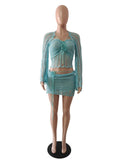 Glitter Sequins Knitted Skirt Sets Women 3 Piece Outfit Vacation Festival Clothing Sheer Top and Mini Skirt Matching Sets