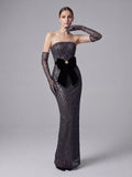 Sexy Strapless Sequin Mesh See Through Long Dress with Gloves Women Perspective Design Slim Dresses Evening Party Gowns