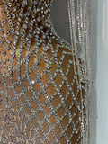 Luxury Sparkly Rhinestones Tassel Transparent Mesh Stretch Long Dress Women Evening Celebrate Birthday Dress Sexy Stage Costumes