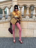 Camel Plaid Wool Blend Blazer Women Belted Waist Faux Fur Collar Vintage Shoulder Pads Coats Elegant Winter Outerwear Jackets