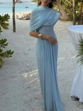 Patchwork Shawl Bodycon Party Maxi Dresses for Women O Neck Short Sleeve High Waist Evening Temperament Folds Dress Female