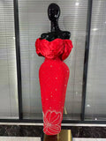 Red Color Women Sexy Off the Shoulder Beading Bodycon Long Bandage Dress Celebrate Fashion Evening Party Wedding Outfit