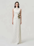 Sexy Stand Collar Flowers Pleated Patchwork Long Dress Women Sleeveless Folds Slim Elegant Dresses Evening Party Gowns