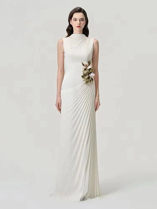 Sexy Stand Collar Flowers Pleated Patchwork Long Dress Women Sleeveless Folds Slim Elegant Dresses Evening Party Gowns