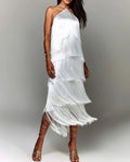 Solid Spliced Tassel Dresses for Women Halter Sleeveless High Waist Temperament Dresses Female Fashion New