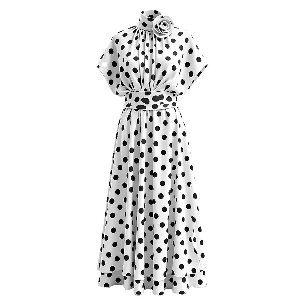 High Neck Midi Maxi Dress for Women 3D Floral Applique Cap Short Sleeve A Line Flowy Leopard Polka Dot for Casual Shopping