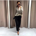 Spliced Lace Hem Jacket Elegant Long Sleeve V-neck Waisted Contrast Lace Bottom Design Casual Coat Autumn Fashion Retro Jackets
