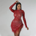 Sexy Pearls Rhinestone Party Dresses Women Elegant Nightclub Feather Birthday Dress Long Sleeve Mesh Sheer Bodycon Dress