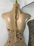 Sparkly Colorful Diamond Sexy Black Sheer See Through Dress Girls Mini Short Prom Dress Birthday Party Club Performance Dress